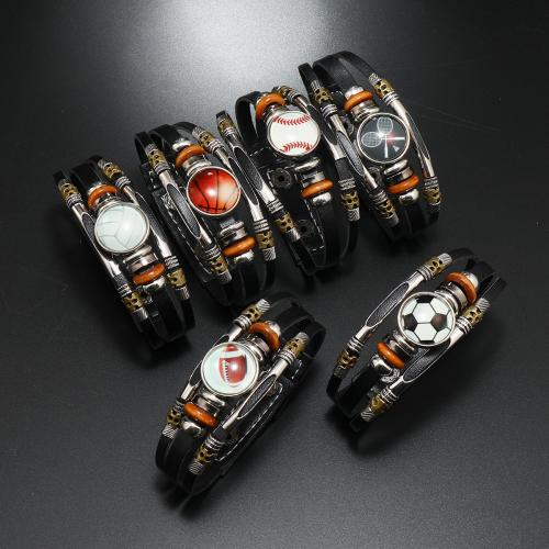 Leather Cord Bracelet, Tibetan Style, with PU Leather & Wood & Copper Coated Plastic, handmade, three layers & different designs for choice & for man & luminated, black, nickel, lead & cadmium free, wide:2.8cm, Length:Approx 21 cm, Sold By PC