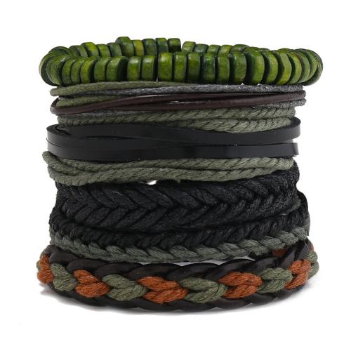 Leather Cord Bracelet Wood with PU Leather Cord & Wax Cord & Copper Coated Plastic & Zinc Alloy handmade 6 pieces & fashion jewelry & for man Sold By Set