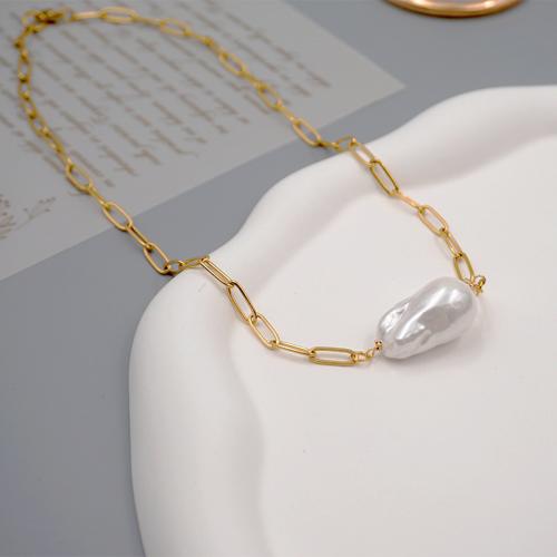 Sweater Chain Necklace, Titanium Steel, with Plastic Pearl, handmade, fashion jewelry & for woman, gold, nickel, lead & cadmium free, Length:Approx 46 cm, Sold By PC