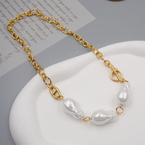 Pullover Kette Halskette, Titanstahl, mit Kunststoff Perlen, handgemacht, Modeschmuck & für Frau, Goldfarbe, frei von Nickel, Blei & Kadmium, Länge ca. 46 cm, verkauft von PC