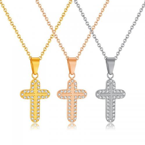 Stainless Steel Jewelry Necklace, 304 Stainless Steel, with 60mm extender chain, Cross, plated, fashion jewelry & micro pave cubic zirconia & for woman, more colors for choice, nickel, lead & cadmium free, Pendant:15x10.5mm, Length:Approx 440 mm, Sold By PC
