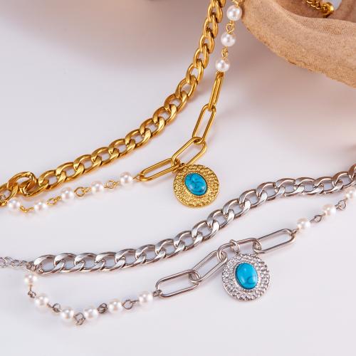 Stainless Steel Jewelry Bracelet 304 Stainless Steel with turquoise & Plastic Pearl with 35mm extender chain plated Double Layer & fashion jewelry & for woman nickel lead & cadmium free Length Approx 150 mm Sold By PC