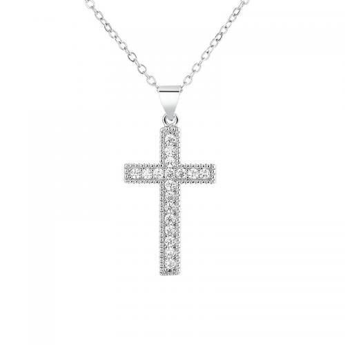 Cubic Zirconia Micro Pave Brass Pendant Cross plated DIY & micro pave cubic zirconia silver color Sold By PC