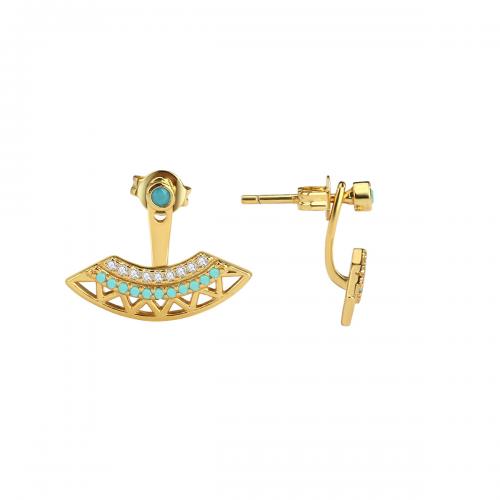 Boucles d'oreilles en laiton zircon cubique pavent, avec turquoise, Placage, pavé de micro zircon & pour femme, doré, Vendu par paire