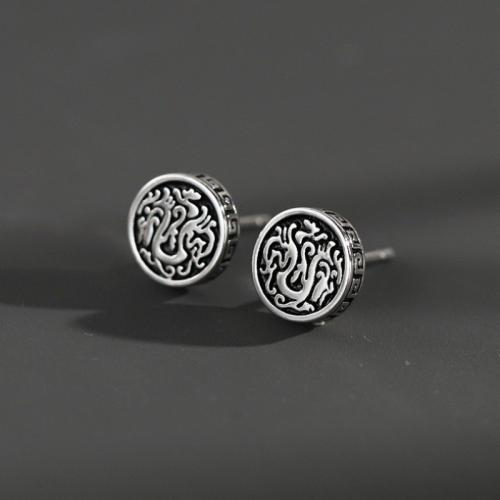 Tibetan Style Stud Earring, Round, silver color plated, vintage & for man, 7.50mm, Sold By Pair