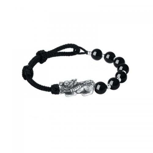 Tibetan Style Bracelet, with Obsidian & Polyester Cord, Fabulous Wild Beast, silver color plated, vintage & for man, Length:Approx 6.5-9 Inch, Sold By PC