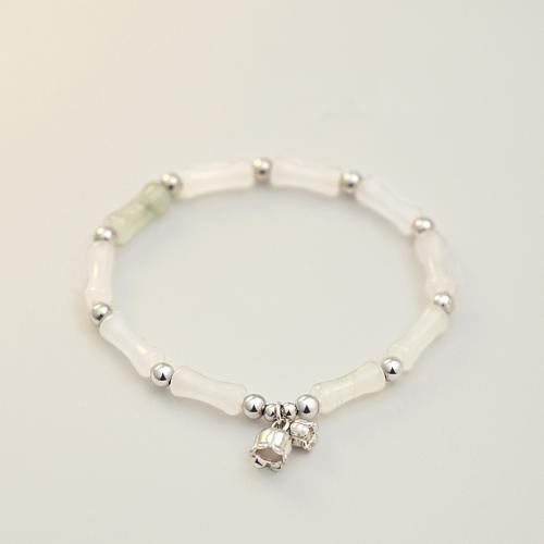 alliage de zinc bracelet, avec blanc calcédoine, fleur, Placage de couleur argentée, bijoux de mode & pour femme, Longueur:Environ 6 pouce, Vendu par PC