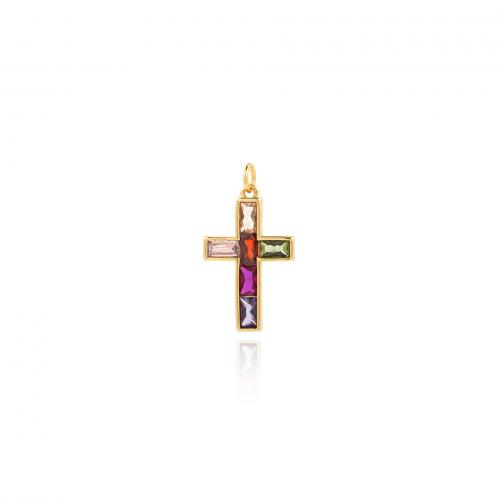 Cubic Zirconia Micro Pave Brass Pendant, Cross, 18K gold plated, fashion jewelry & DIY & micro pave cubic zirconia, mixed colors, nickel, lead & cadmium free, 15.30x27.50x2mm, Sold By PC