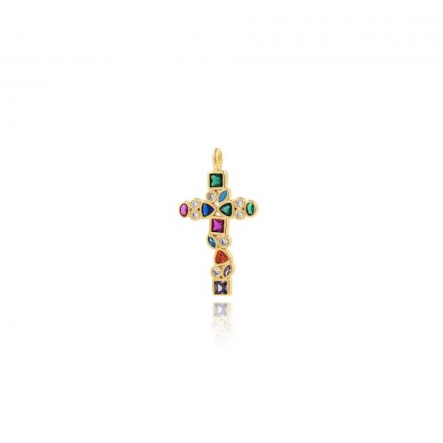 Cubic Zirconia Micro Pave Brass Pendant, Cross, 18K gold plated, fashion jewelry & DIY & micro pave cubic zirconia, mixed colors, nickel, lead & cadmium free, 32.30x17.90x2.10mm, Sold By PC