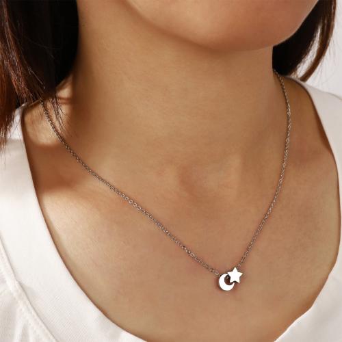 304 Edelstahl Halskette, mit Verlängerungskettchen von 5CM, Mond und Sterne, plattiert, für Frau, keine, Länge:45 cm, verkauft von PC