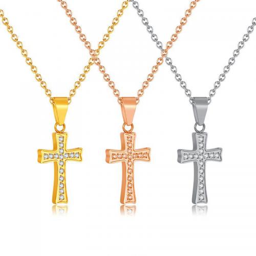 Stainless Steel Jewelry Necklace, 304 Stainless Steel, with 60mm extender chain, Cross, plated, fashion jewelry & micro pave cubic zirconia & for woman, more colors for choice, nickel, lead & cadmium free, Pendant:15x9.7mm, Length:Approx 440 mm, Sold By Pair