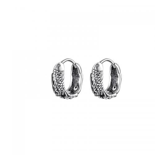 Tibetan Style Huggie Hoop Earring, Fish, silver color plated, vintage & for man, 10mm, Sold By Pair