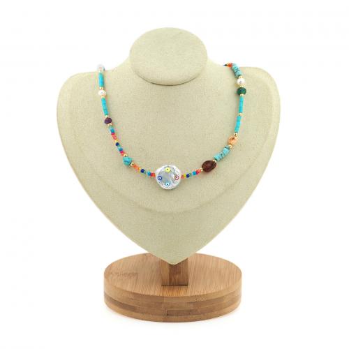 Evil Eye Jewelry Necklace, Brass, with Seedbead & Turquoise & Freshwater Pearl, 18K gold plated, fashion jewelry & Unisex & enamel, mixed colors, nickel, lead & cadmium free, Length:Approx 44 cm, Sold By PC