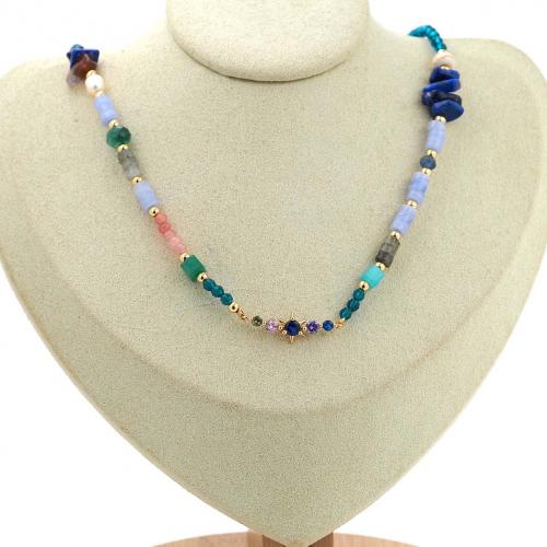 Natural Gemstone Necklace Brass with Gemstone 18K gold plated fashion jewelry & Unisex & micro pave cubic zirconia mixed colors nickel lead & cadmium free Length Approx 44 cm Sold By PC