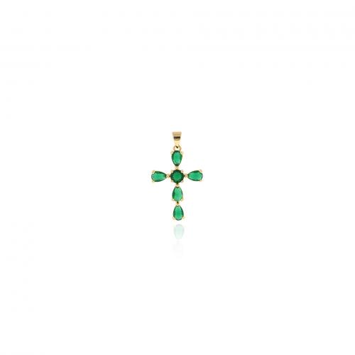 Cubic Zirconia Micro Pave Brass Pendant, Cross, 18K gold plated, fashion jewelry & DIY & micro pave cubic zirconia, green, nickel, lead & cadmium free, 19x33x3.50mm, Sold By PC