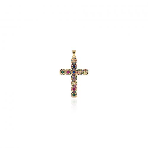 Cubic Zirconia Micro Pave Brass Pendant, Cross, 18K gold plated, fashion jewelry & DIY & micro pave cubic zirconia, mixed colors, nickel, lead & cadmium free, 46x28x3.30mm, Sold By PC