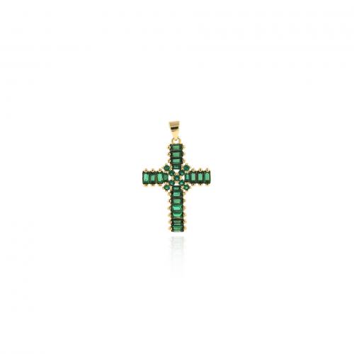 Cubic Zirconia Micro Pave Brass Pendant, Cross, 18K gold plated, fashion jewelry & DIY & micro pave cubic zirconia, green, nickel, lead & cadmium free, 35.20x21.80x3.50mm, Sold By PC