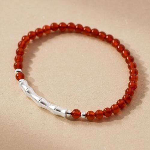 925 Sterling Silver Bangle Bracelet with Red Agate handmade fashion jewelry & elastic & for woman nickel lead & cadmium free Length Approx 15-23 cm Sold By PC