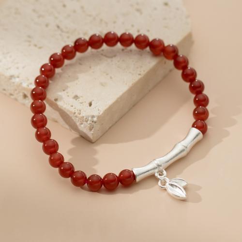 925 Sterling Silver Bangle Bracelet, with Red Agate, Leaf, handmade, fashion jewelry & elastic & for woman, nickel, lead & cadmium free, Length:Approx 15-24 cm, Sold By PC