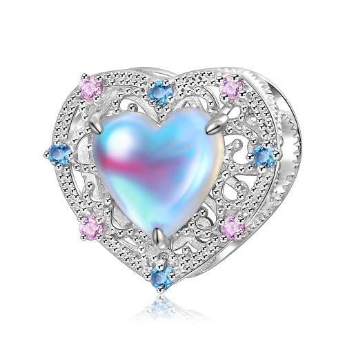 925 Sterling Silver Beads with Moonstone Heart DIY & micro pave cubic zirconia & hollow nickel lead & cadmium free Sold By PC