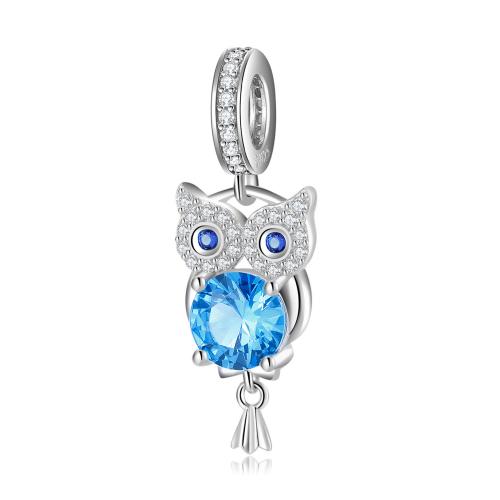 Cubic Zirconia Micro Pave 925 Sterling Silver Pendant, Owl, DIY & micro pave cubic zirconia, nickel, lead & cadmium free, 9.60x26.20mm, Sold By PC