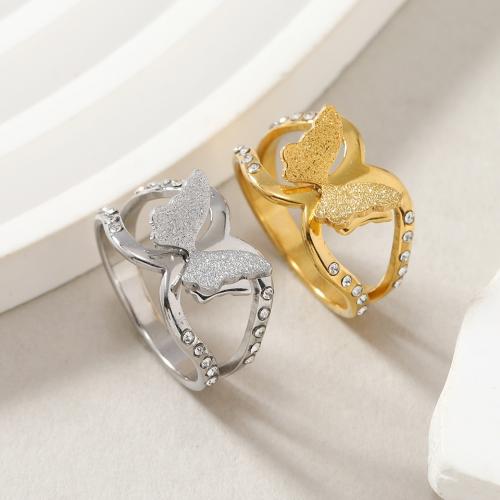 Rhinestone Stainless Steel Finger Ring, 304 Stainless Steel, Butterfly, Unisex & different size for choice & with rhinestone, more colors for choice, Sold By PC