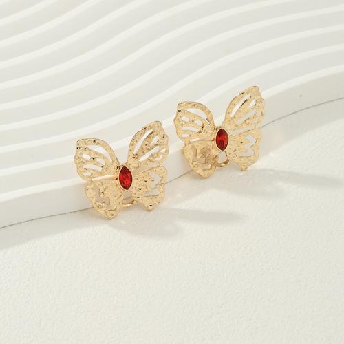 Tibetan Style Stud Earring, Butterfly, fashion jewelry & for woman & with rhinestone, golden, nickel, lead & cadmium free, 28x31mm, Sold By Pair