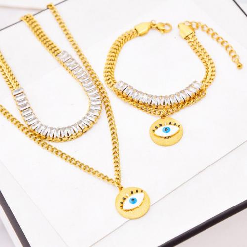 Evil Eye Jewelry Set, Titanium Steel, Double Layer & different styles for choice & for woman & with rhinestone, golden, Sold By PC