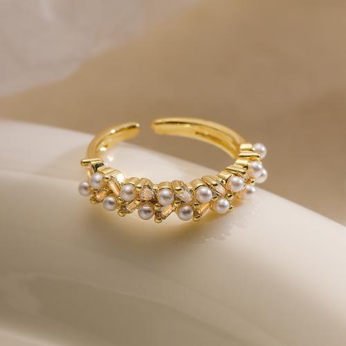 Cubic Zirconia Micro Pave Brass Ring with Plastic Pearl gold color plated & micro pave cubic zirconia & for woman nickel lead & cadmium free Sold By PC