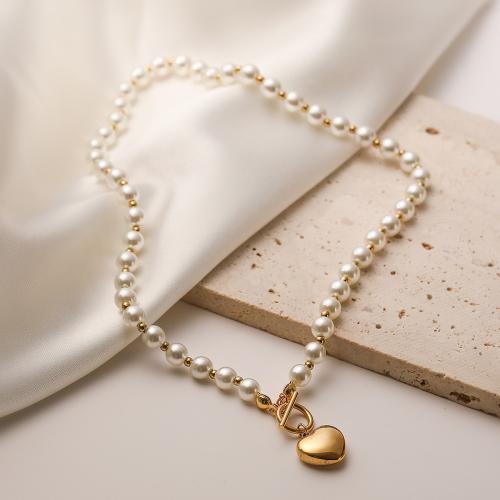 Messing Halskette, mit Kunststoff Perlen, Herz, goldfarben plattiert, für Frau, keine, frei von Nickel, Blei & Kadmium, 13x16mm, Länge:37 cm, verkauft von PC