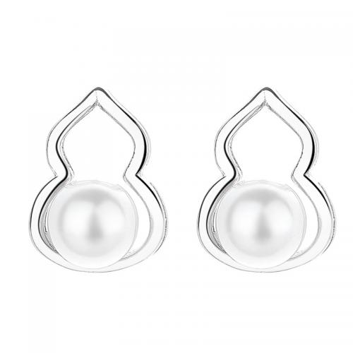 925 Sterling Silver Stud Earrings with Plastic Pearl Calabash plated for woman Sold By Pair