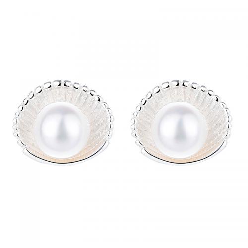 925 Sterling Silver Stud Earrings with Plastic Pearl plated for woman silver color Sold By Pair