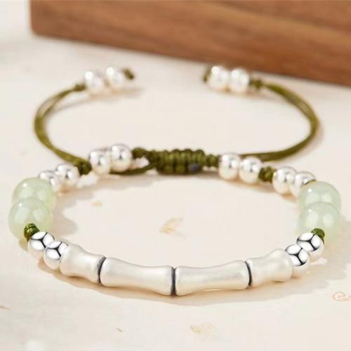 Cotton Cord Bracelet, with 925 Sterling Silver & Hetian Jade, Bamboo, handmade, folk style & Unisex & braided, Length:Approx 6-10 Inch, Sold By PC