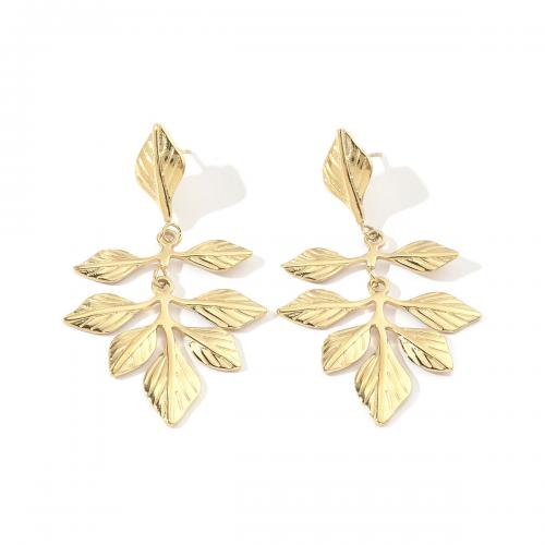Stainless Steel Stud Earrings, 304 Stainless Steel, Leaf, 18K gold plated, fashion jewelry & for woman, golden, 59x34mm, Sold By Pair