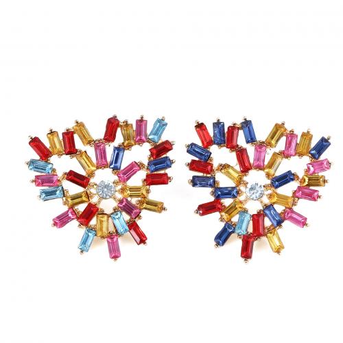 Tibetan Style Stud Earring, Heart, fashion jewelry & for woman & with rhinestone, multi-colored, nickel, lead & cadmium free, 33x33mm, Sold By Pair