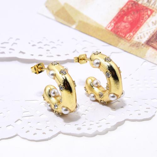 Cubic Zirconia Micro Pave Brass Earring with Plastic Pearl 18K gold plated fashion jewelry & micro pave cubic zirconia & for woman nickel lead & cadmium free Sold By Pair