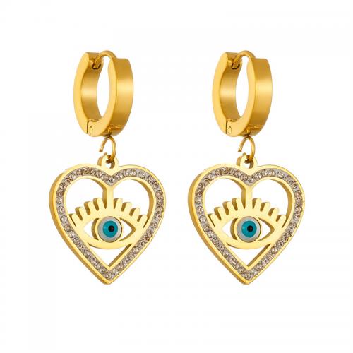 Evil Eye Earrings Titanium Steel Heart fashion jewelry & for woman & with rhinestone golden Sold By Pair