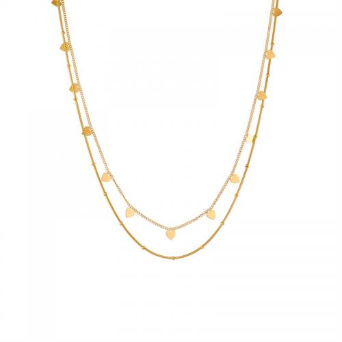 Collier d'acier titane, avec 6cm chaînes de rallonge, coeur, Double couche & bijoux de mode & pour femme, doré, Vendu par Environ 40 cm brin