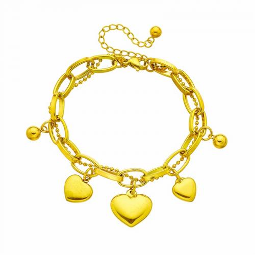 Bracelet d'acier titane, avec 4cm chaînes de rallonge, coeur, Double couche & bijoux de mode & pour femme, doré, 16x15mm, Vendu par Environ 16 cm brin