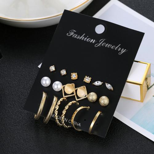 Tibetan Style Stud Earring, with Plastic Pearl, nine pieces & different styles for choice & for woman & with rhinestone, more colors for choice, nickel, lead & cadmium free, Sold By Set