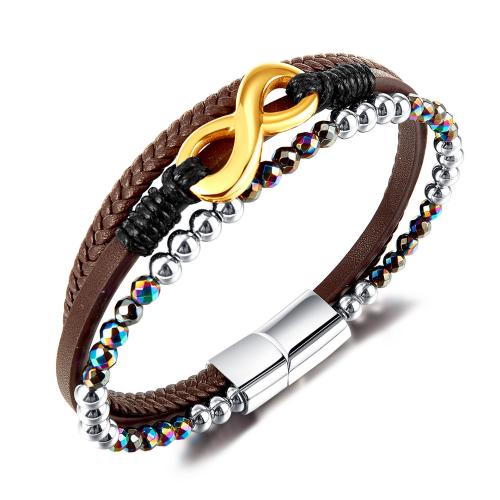 Bracelets cordon PU, cuir PU, avec Hématite & Acier inoxydable 304, fait à la main, trois couches & bijoux de mode & pour homme, wide:10mm, Longueur:Environ 210 mm, Vendu par PC