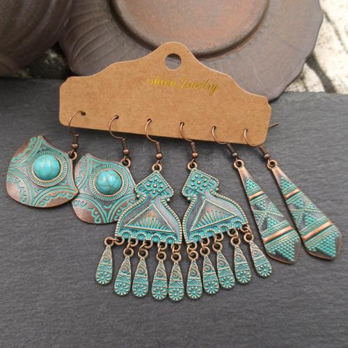 Tibetan Style Drop Earrings, with turquoise, plated, three pieces & different styles for choice & for woman, nickel, lead & cadmium free, Sold By Set