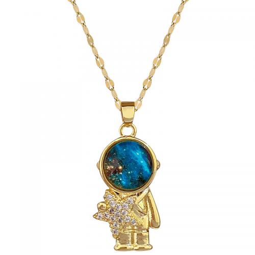Titanium Steel Necklace, with Resin & Brass, with 2inch extender chain, Astronaut, gold color plated, for woman & with rhinestone, Length:Approx 15.7 Inch, Sold By PC