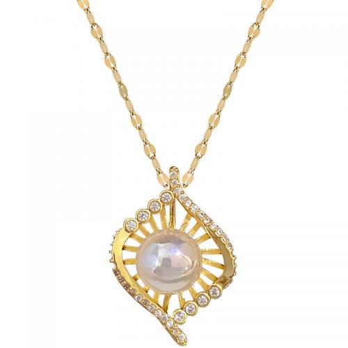 Titanium Steel Necklace with Plastic Pearl & Brass with 2inch extender chain Geometrical Pattern gold color plated for woman & with rhinestone & hollow Length Approx 15.7 Inch Sold By PC