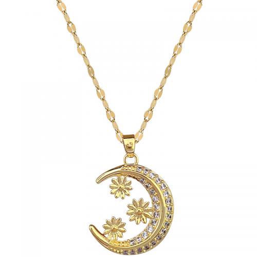Titanium Steel Necklace, with Brass, with 2inch extender chain, Moon, gold color plated, for woman & with rhinestone, Length:Approx 15.7 Inch, Sold By PC