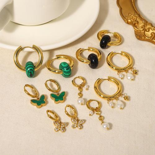 Titanium Steel  Earring, with Malachite & Plastic Pearl, 18K gold plated, different styles for choice & for woman & with rhinestone, golden, Sold By Pair