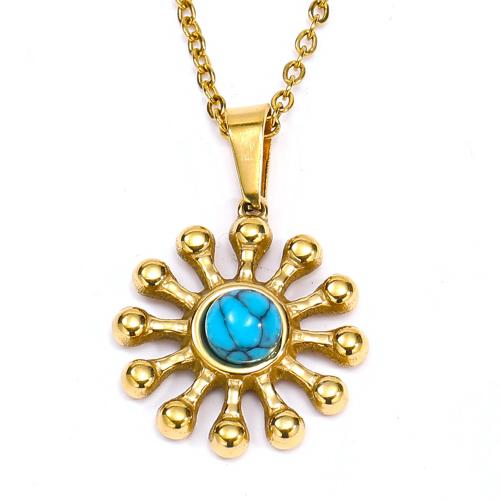 Titanium Steel Necklace, with turquoise, fashion jewelry & for woman, golden, 23x46mm, Length:Approx 45 cm, Sold By PC