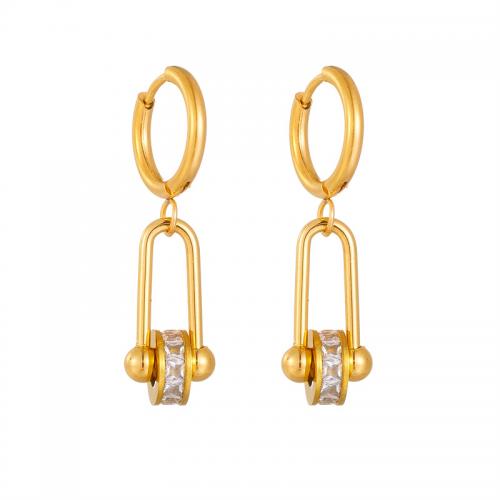 Boucle d'oreille Acier Titane, bijoux de mode & pavé de micro zircon & pour femme, doré, 30mm, Vendu par paire