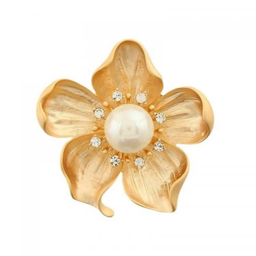 Zinc Alloy Brooches with Czech Rhinestone & Plastic Pearl Flower fashion jewelry & for woman golden nickel lead & cadmium free Sold By PC