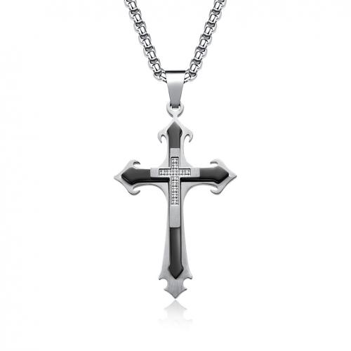 Stainless Steel Jewelry Necklace 304 Stainless Steel Cross & for man & with rhinestone Length Approx 45 cm Sold By PC